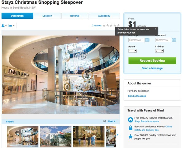 Stayz offers Christmas shoppers the chance to sleep over at a Westfield shopping centre for $1