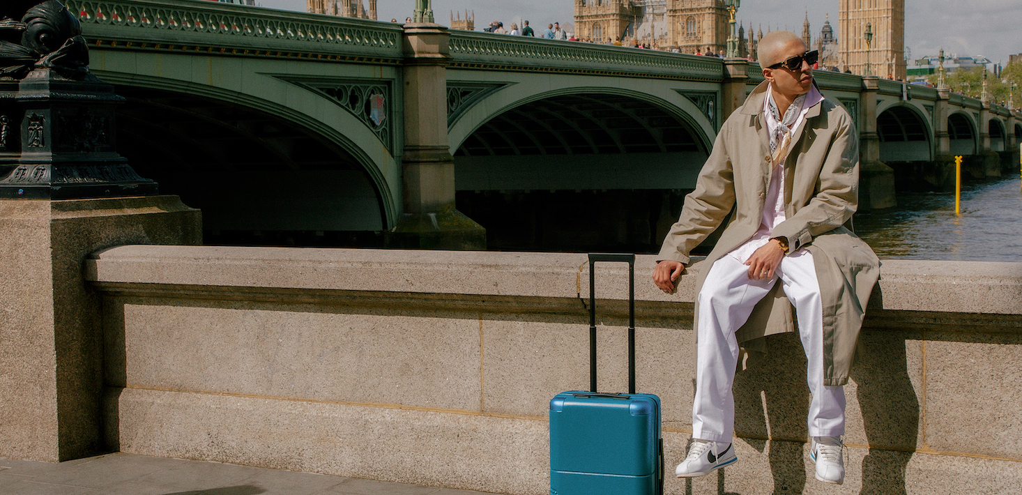 July luggage Thames riverside photo, Big Ben in background