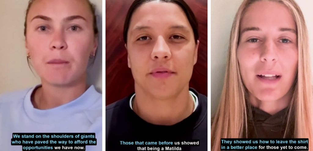 Matildas rally for World Cup prize money equal to male players in unifying video