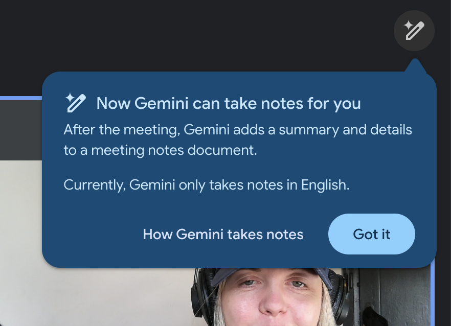 Google Gemini popping up in Meet. Image: Tegan Jones